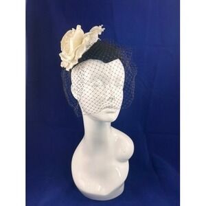 Vintage 1950s Holt Renfrew Cocktail Hat Black Veil Ivory Flower Fascinator